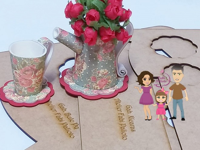 Cascata de flores na xícara com EVA – Lembrancinha e decoração - Gabarito em MDF - 2
