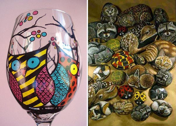 Pintar em taças e pedras, lindo!