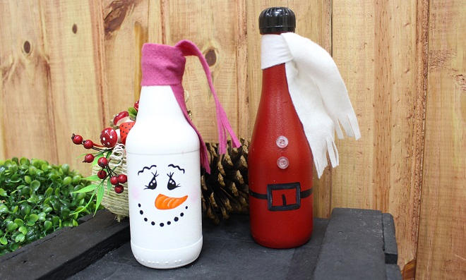Decoração e reciclagem de garrafa de vidro com temática natalina